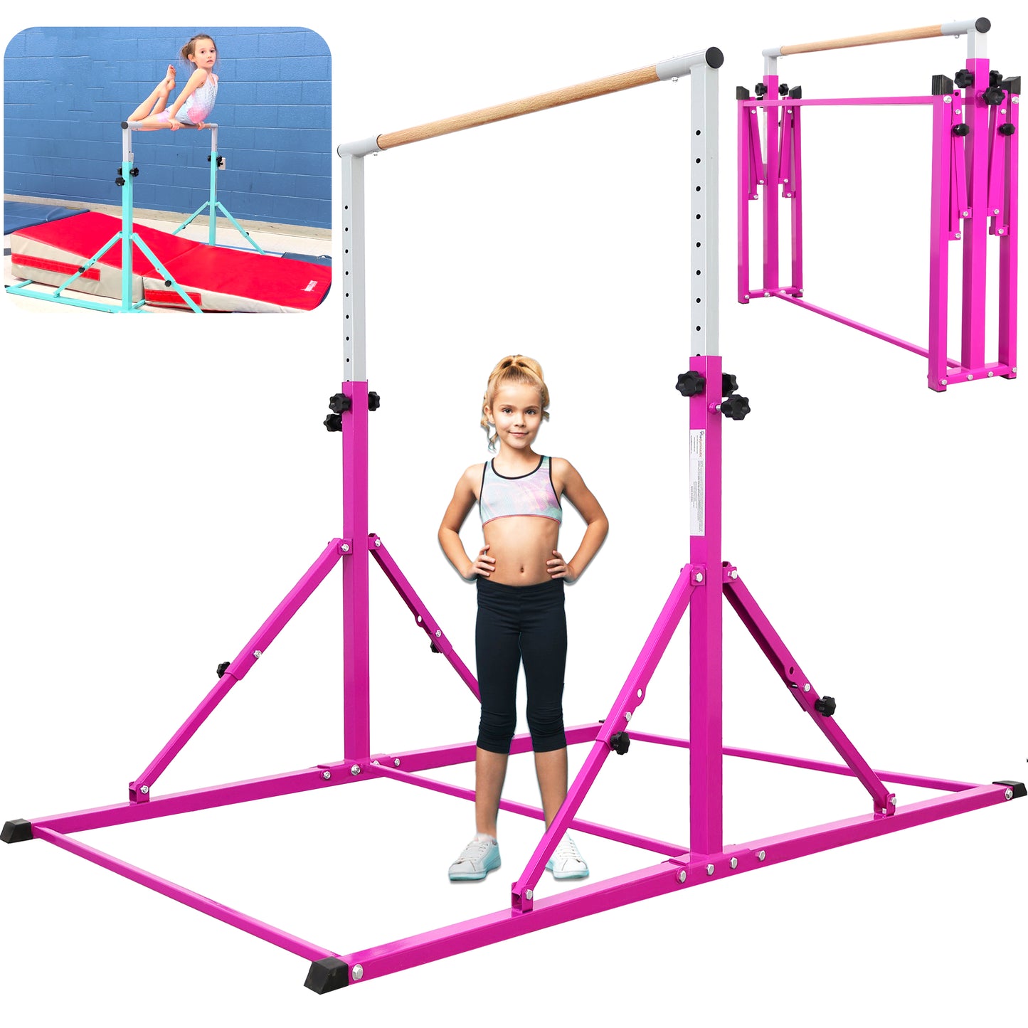 PreGymnastic Foldable Gymnastics Bar for Kids Ages 3-12 Years Old in Purple