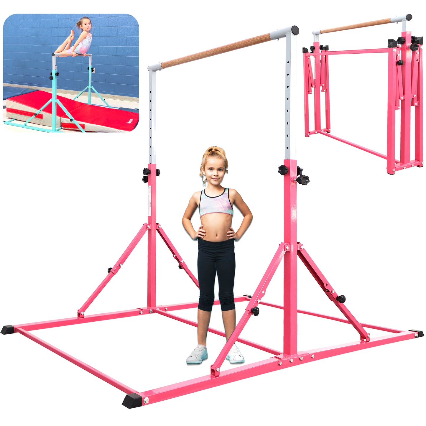 PreGymnastic Foldable Gymnastics Bar for Kids Ages 3-12 Years Old in Pink