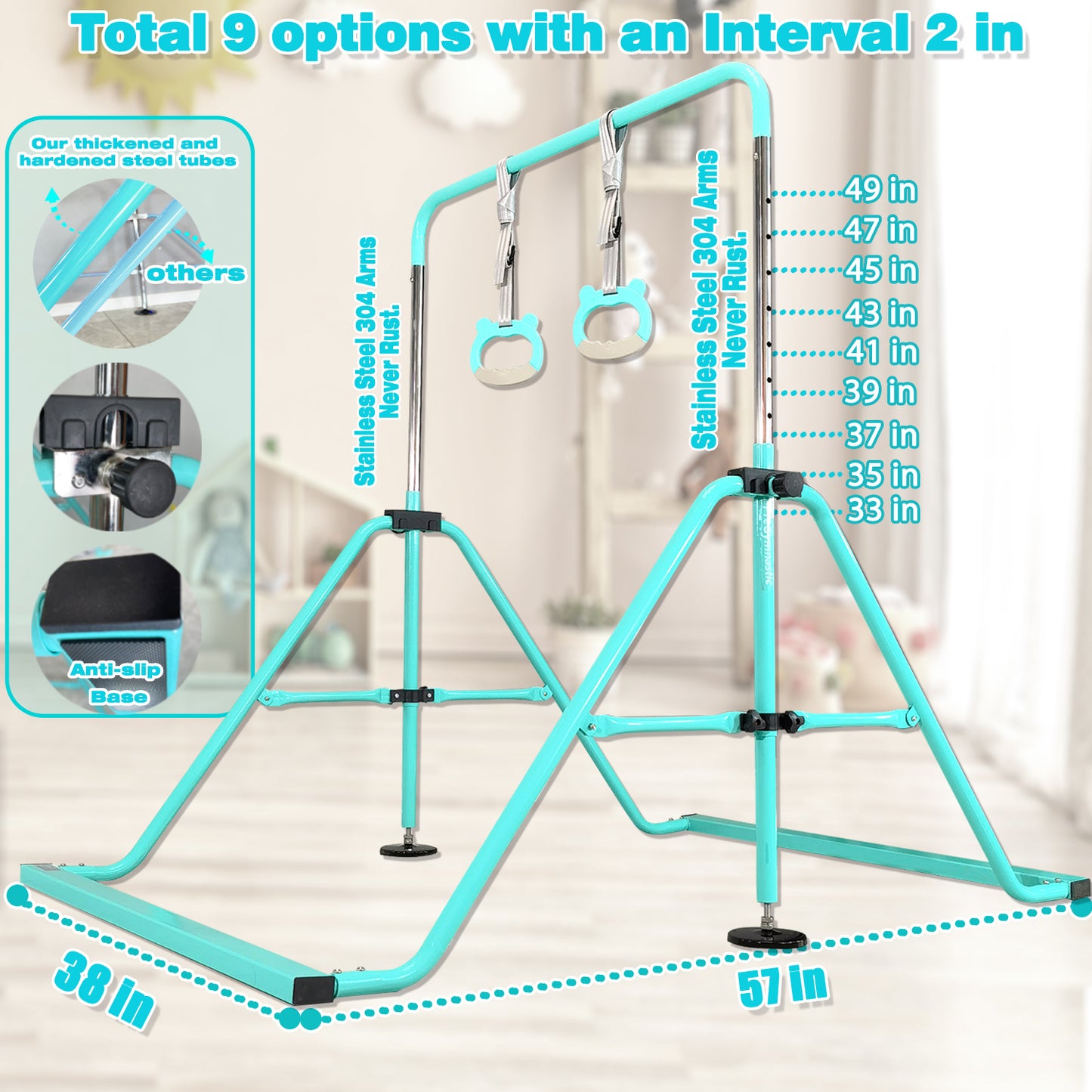 PreGymnastic Folding Gymnastics Bar with Mat for Kids Ages 3-8 Years Old with Rings in Teal