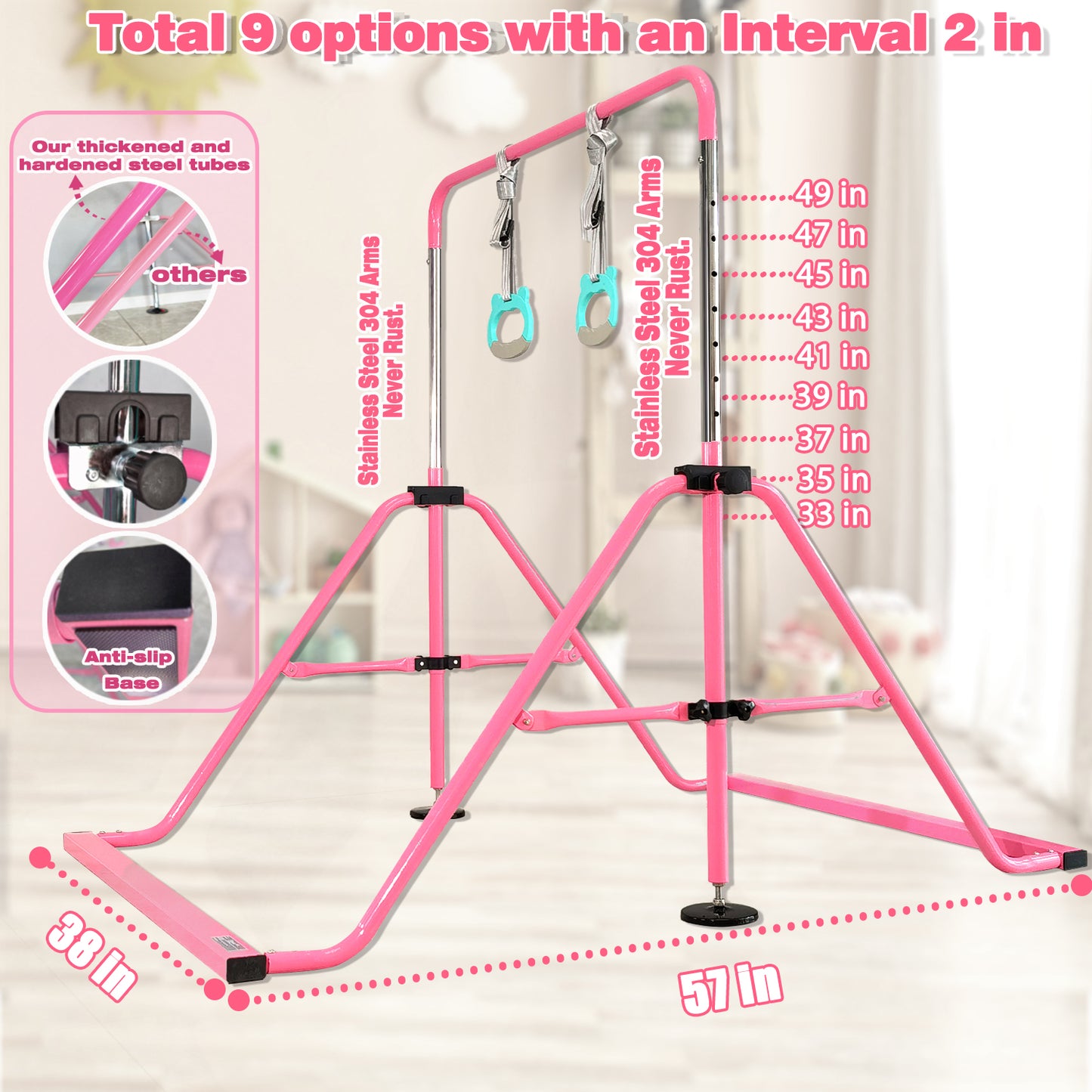 PreGymnastic Folding Gymnastics Bar with Mat for Kids Ages 3-8 Years Old with Rings in Pink