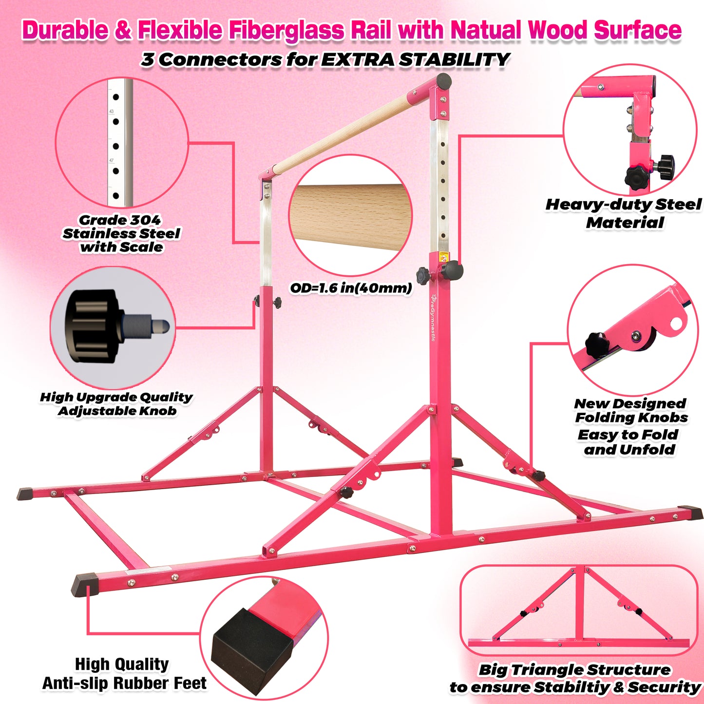 6 FT Foldable Gymnastics Bar for Kids and Teenagers 3-18 in Hot Pink