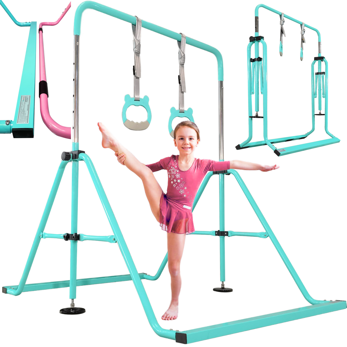 Folding Gymnastics Bar for Kids 3-8 Years Old with Rings in Teal