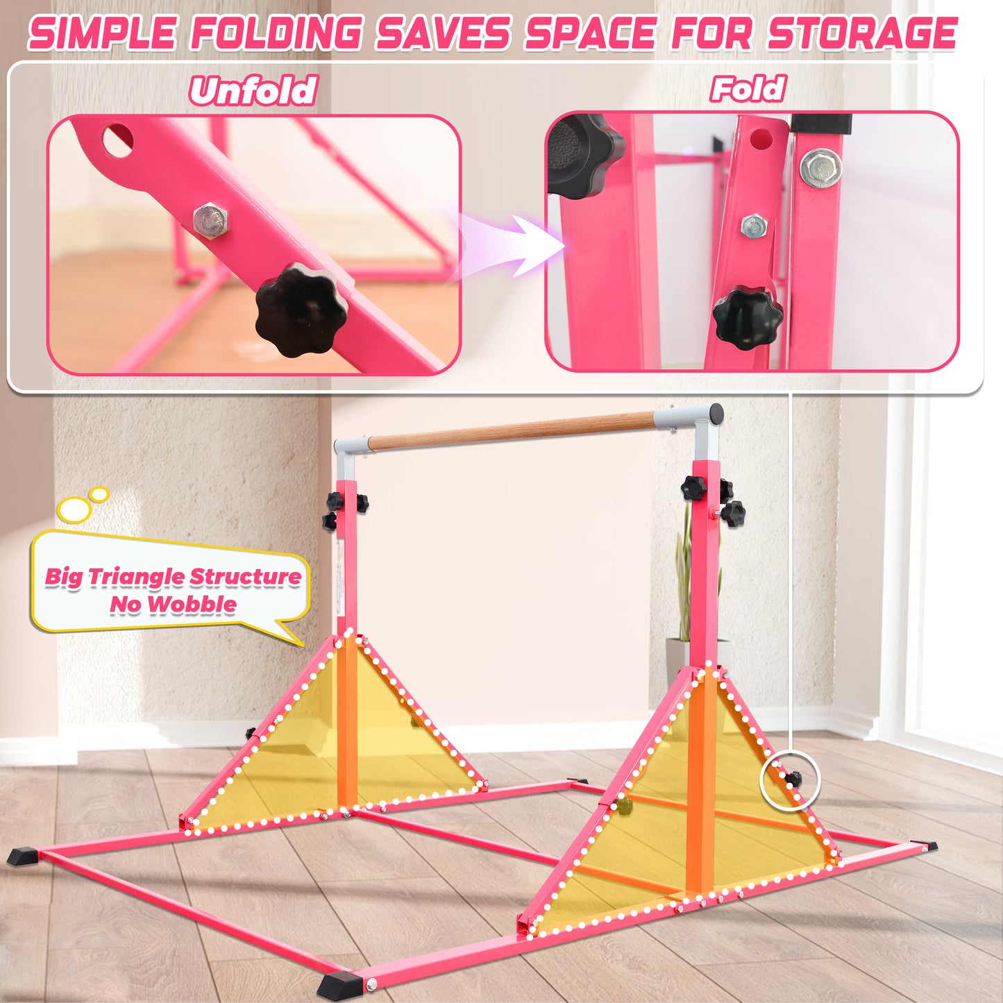 PreGymnastic Foldable Gymnastics Bar for Kids Ages 3-12 Years Old in Pink