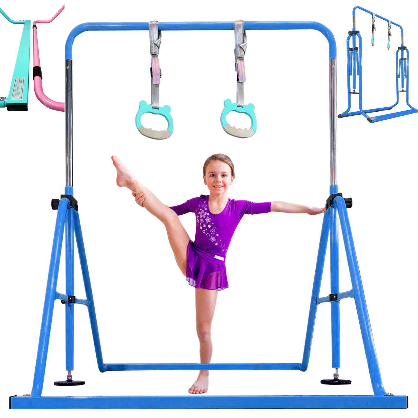 PreGymnastic Folding Gymnastics Bar for Kids Ages 3-8 Years Old with Rings in Blue