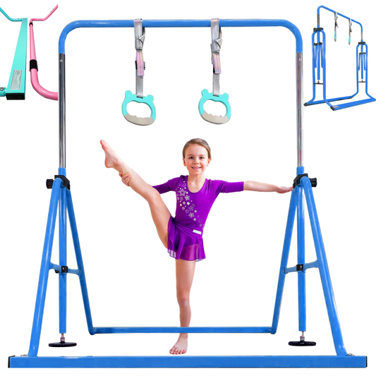 PreGymnastic Folding Gymnastics Bar for Kids Ages 3-8 Years Old with Rings in Blue