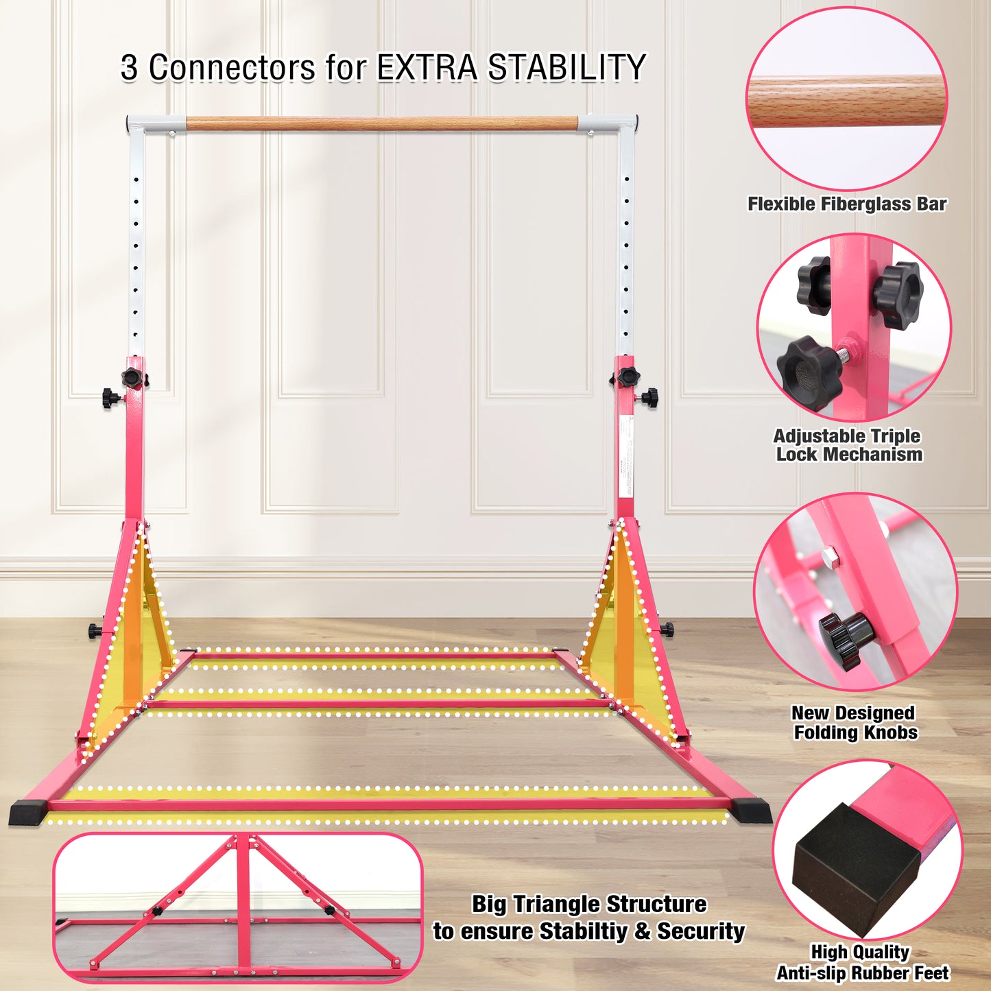 PreGymnastic Foldable Gymnastics Bar for Kids Ages 3-12 Years Old in Pink