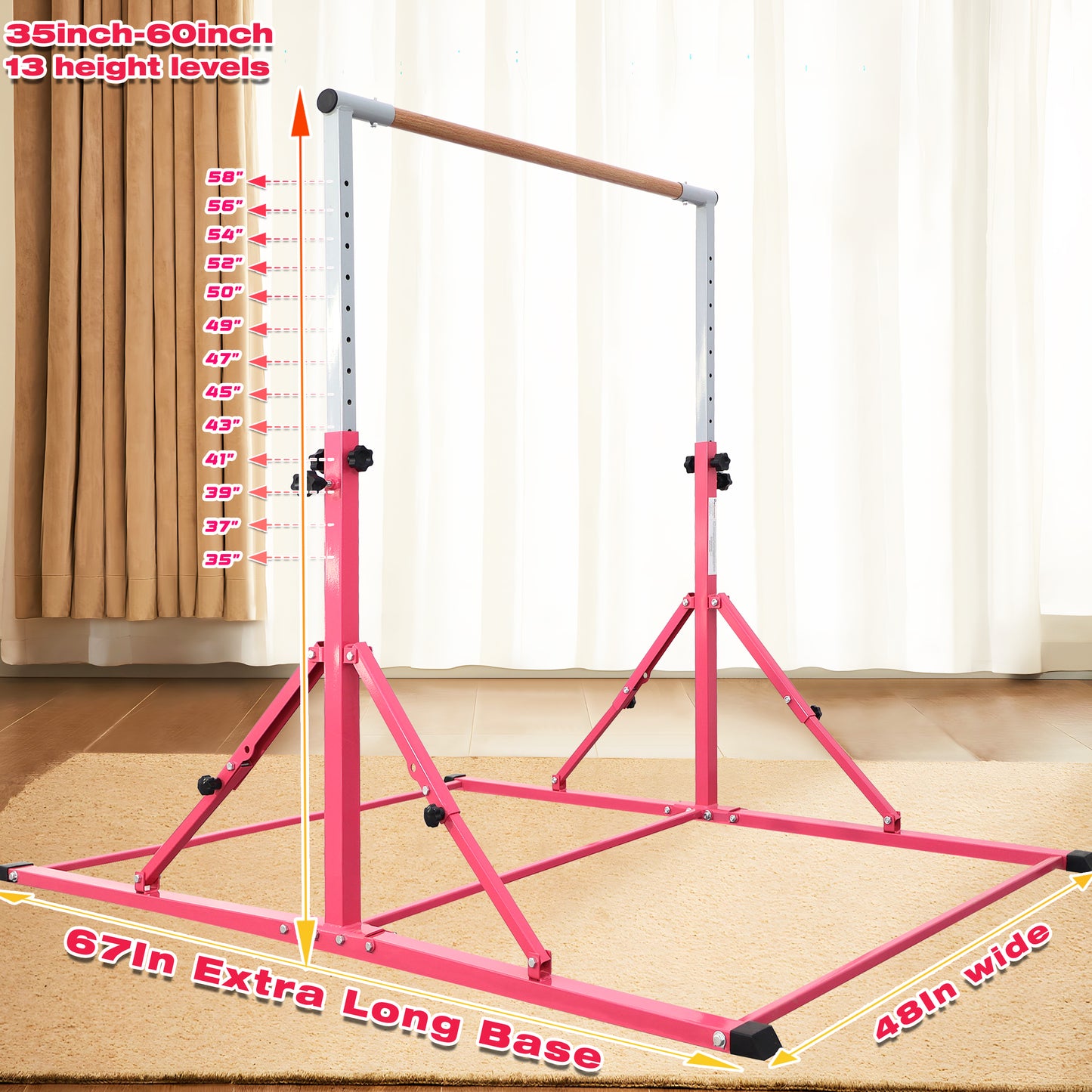 PreGymnastic Foldable Gymnastics Bar for Kids Ages 3-12 Years Old in Pink