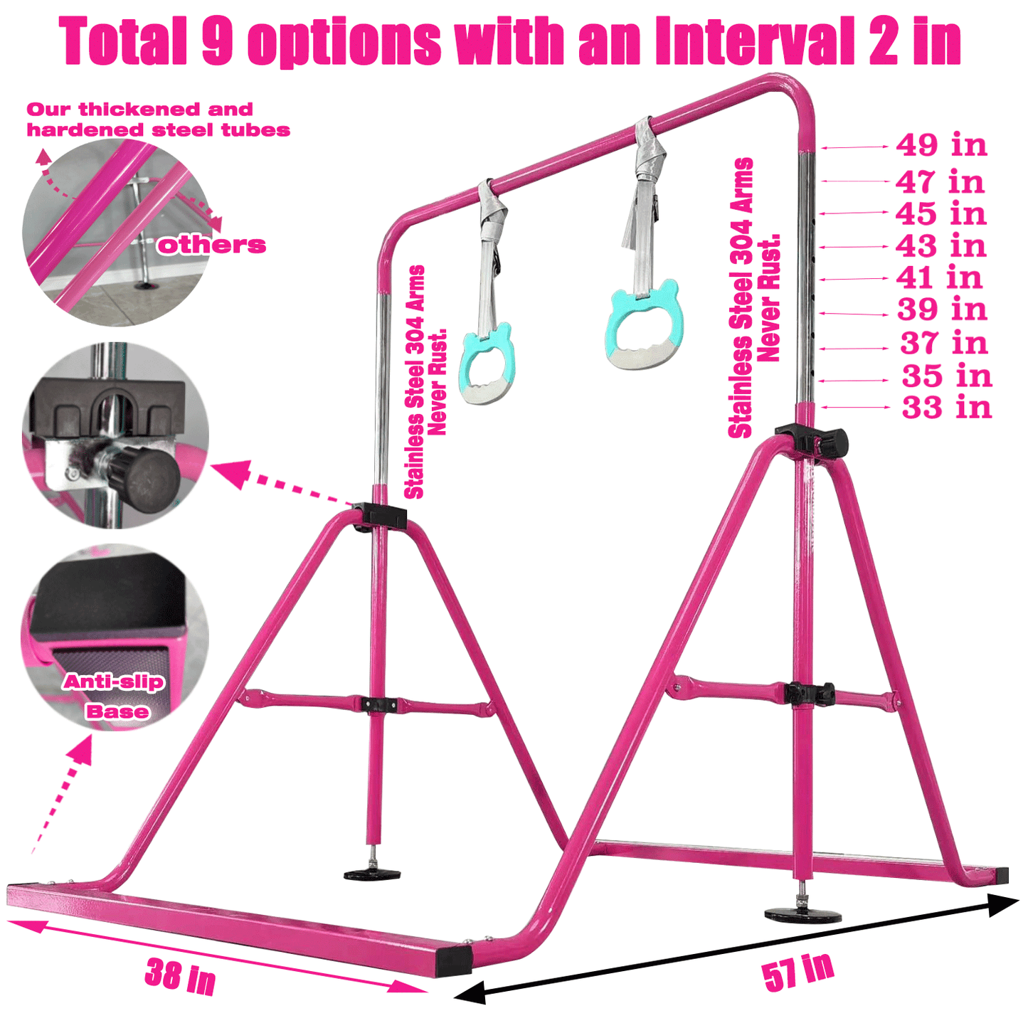 PreGymnastic Folding Gymnastics Bar for Kids Ages 3-8 Years Old with Rings in Hot Purple