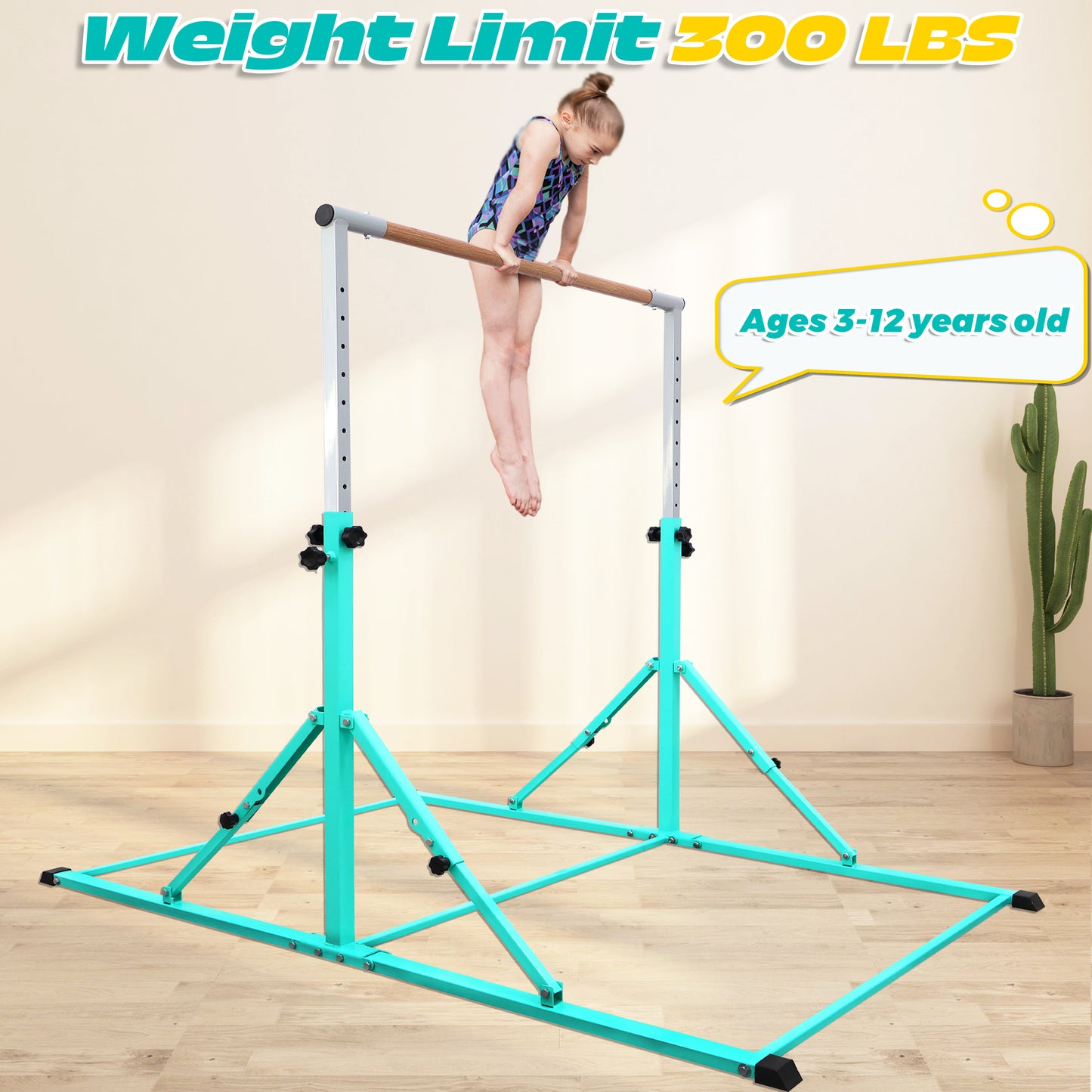PreGymnastic Foldable Gymnastics Bar for Kids Ages 3-12 Years Old in Teal